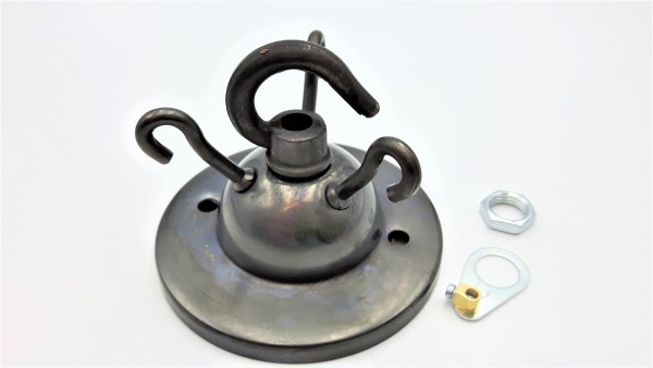 Old Bronze Finish 3 Hook Ceiling Pendant Plate With Centre Hook and Earth Tag