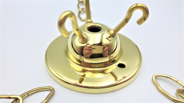 Chandelier 3 hook ceiling plate in brass with 3 x 12 inch lengths of brass plated gothic chain