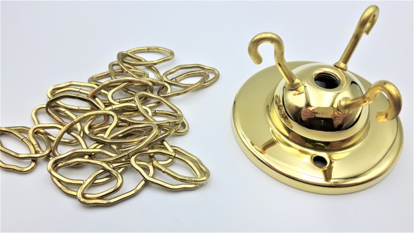 Chandelier 3 hook ceiling plate in brass with 3 x 12 inch lengths of brass plated gothic chain