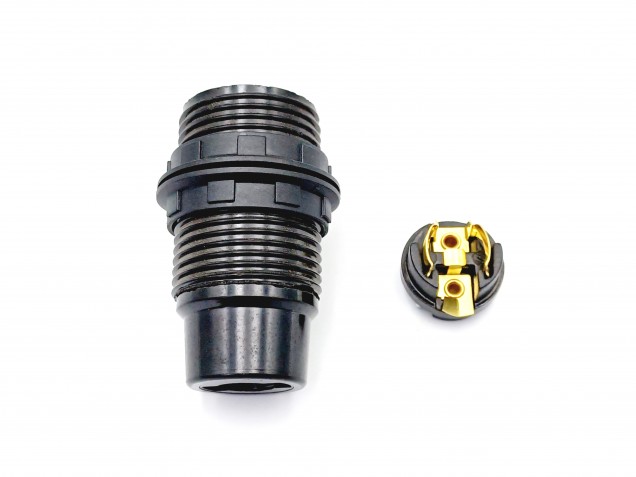 E14 bulb-lamp holder 3 part threaded skirt plus shade ring black plastic