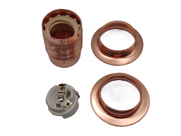 E27 Copper Lamp Holder 3 Part Plus Shade Rings 