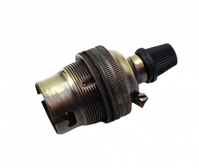 Brushed antique lamp holder with black cord grip threaded skirt 