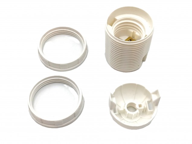 E27 2 PART WHITE PLASTIC LAMP HOLDER THREADED SKIRT AND SHADE RINGS