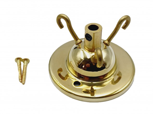 3 hook ceiling rose with cord grip and screws in brass