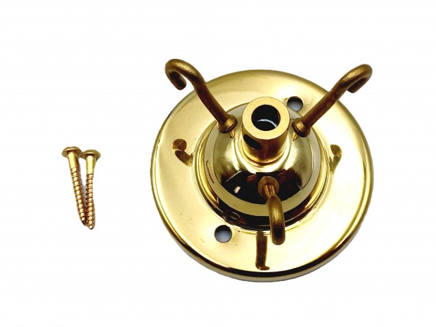 3 hook ceiling rose with cord grip and screws in brass