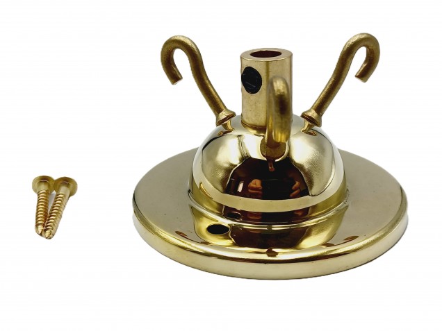 3 hook ceiling rose with cord grip and screws in brass