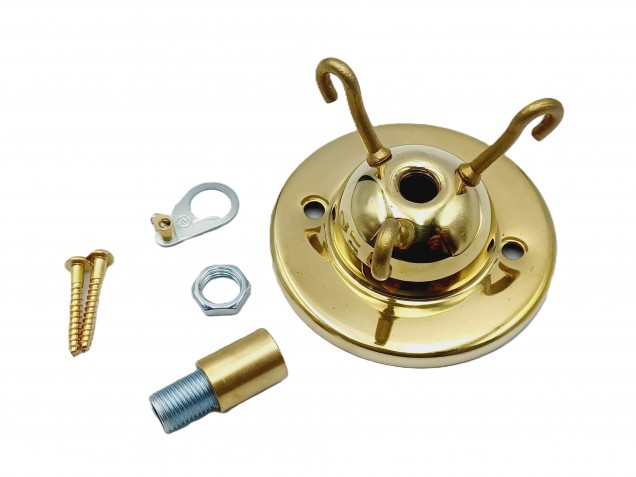 3 hook ceiling rose with cord grip and screws in brass