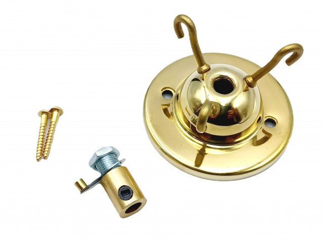 3 hook ceiling rose with cord grip and screws in brass