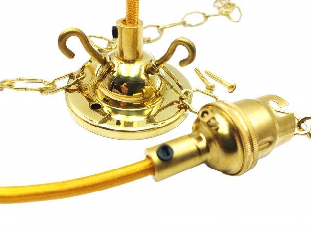 3 Hook Ceiling Pendant Set Brass Complete With Chain Cable And Lamp Holder