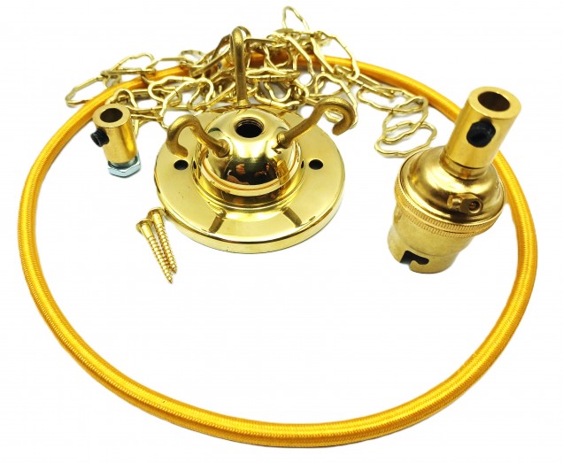 3 Hook Ceiling Pendant Set Brass Complete With Chain Cable And Lamp Holder