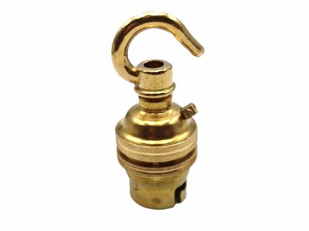BRASS lamp holder with open hook threaded skirt and ring B22