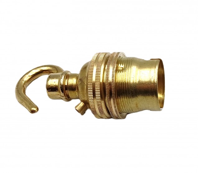 BRASS lamp holder with open hook threaded skirt and ring B22