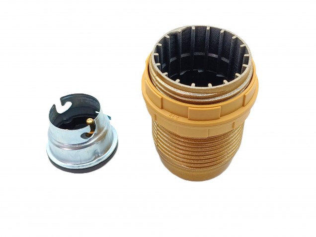 B22 Bakelite Lampholder Threaded Skirt and 2 Shade Rings gold