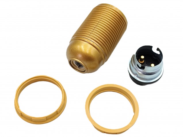 B22 Bakelite Lampholder Threaded Skirt and 2 Shade Rings gold