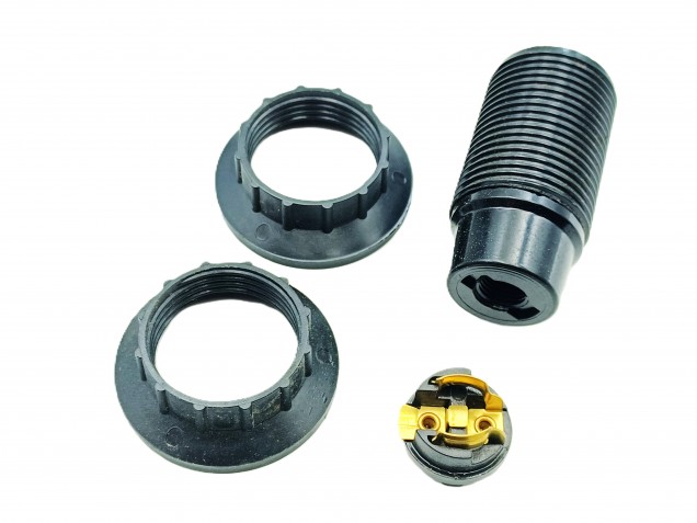 E14 lamp holder 3 part threaded skirt plus 2 chunky shade rings black 