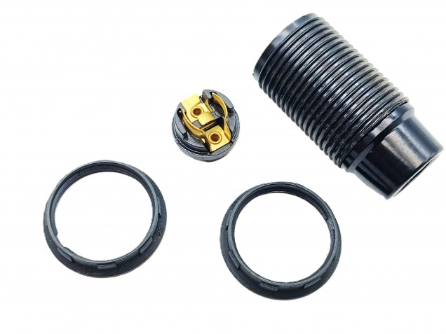 E14 bulb-lamp holder 3 part threaded skirt plus shade ring black plastic