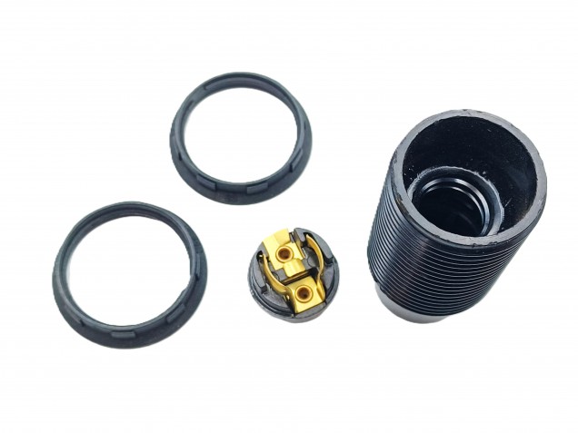 E14 bulb-lamp holder 3 part threaded skirt plus shade ring black plastic