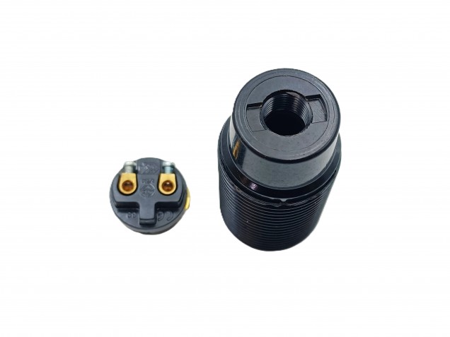 E14 bulb-lamp holder 3 part threaded skirt plus shade ring black plastic