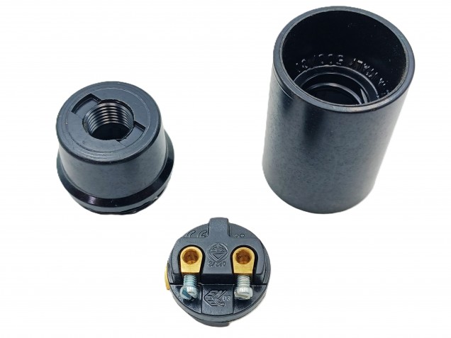 E14 Bulb Lamp Holder 3 Part Plain Skirt Black Plastic