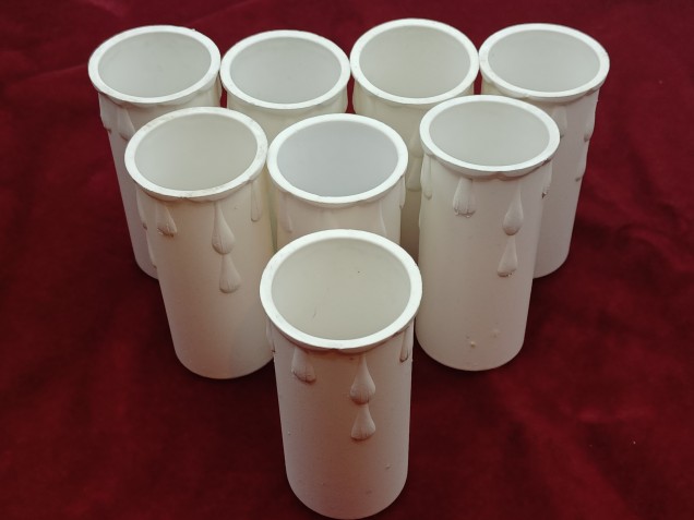 8 white plastic drip candle tubes 70mm height x 28mm internal diameter