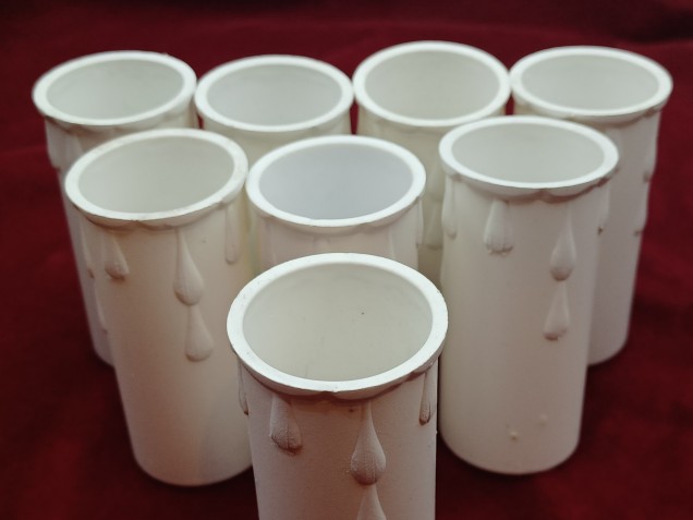 8 white plastic drip candle tubes 70mm height x 28mm internal diameter