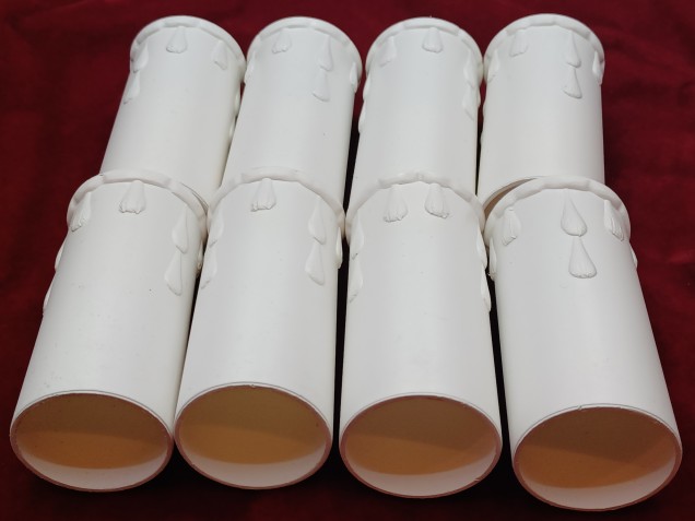8 white plastic drip candle tubes 70mm height x 28mm internal diameter