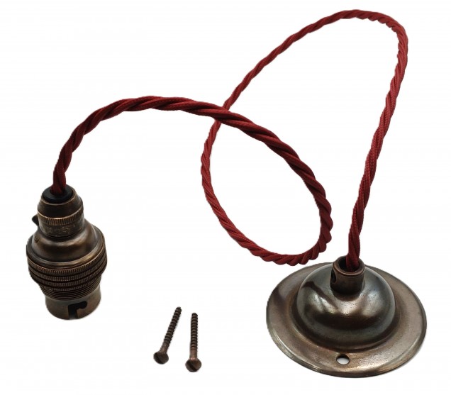 Antique Brass Ceiling Pendant Set B22 With Burgundy Cable