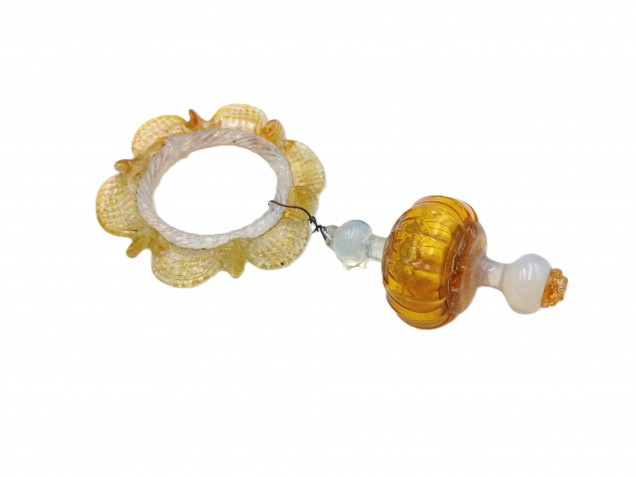 Murano amber and pale blue glass chandelier hoop and drop Circa 1890
