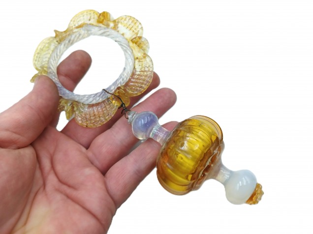 Murano amber and pale blue glass chandelier hoop and drop Circa 1890