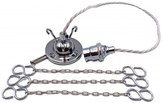 3 Hook Ceiling Rose Pendant Set Chrome Finish SMALL Link Chain