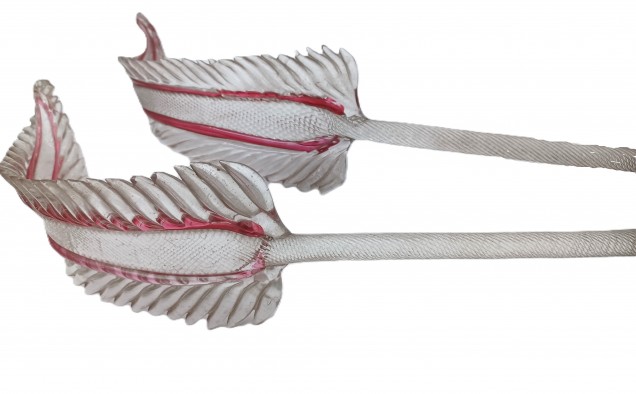 Murano Clear And Red Glass Upright Chandelier Leaf  - Pair