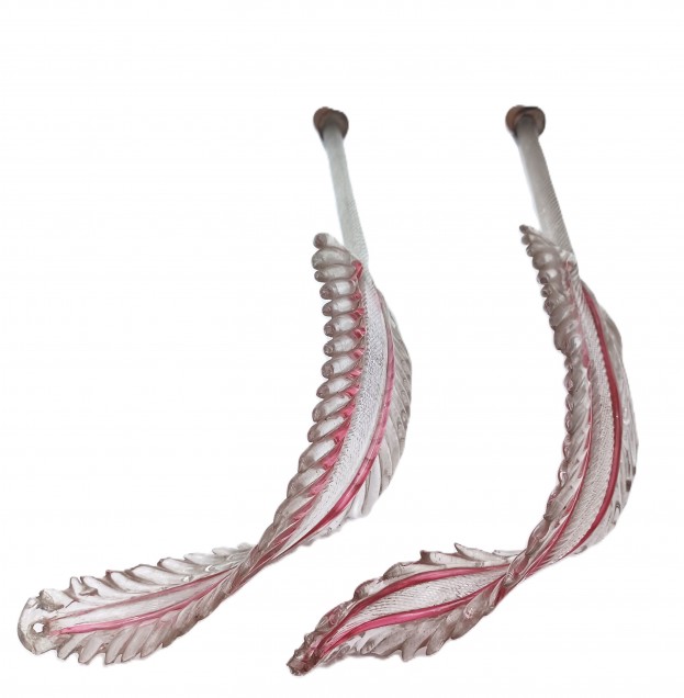 Murano Clear And Red Glass Upright Chandelier Leaf  - Pair