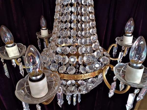 Crystal And Glass Chandelier 6 Arms 9 Lights Tent And Bag Style