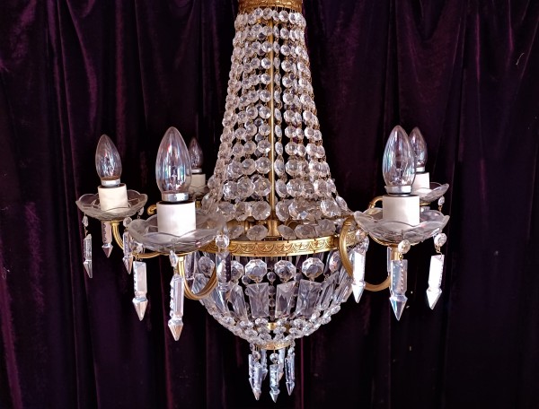 Crystal And Glass Chandelier 6 Arms 9 Lights Tent And Bag Style