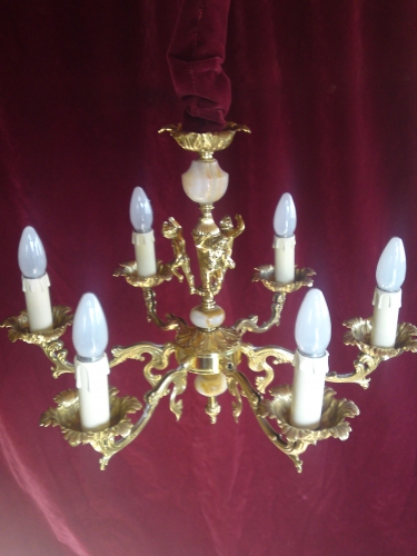 BRASS AND ONYX CHERUB 6 ARM CHANDELIER