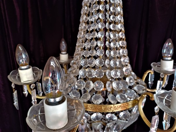 Crystal And Glass Chandelier 6 Arms 9 Lights Tent And Bag Style