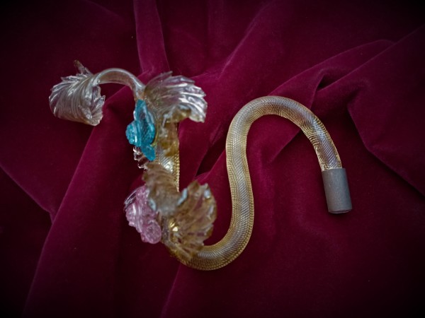 Tinted glass Murano Chandelier Leaf with pink and blue flowers