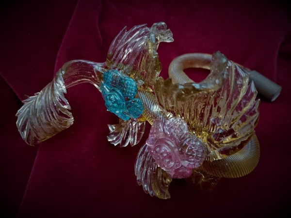 Tinted glass Murano Chandelier Leaf with pink and blue flowers