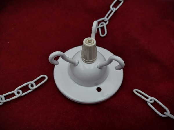White triple ceiling hook plate with 3 chains and cord grip